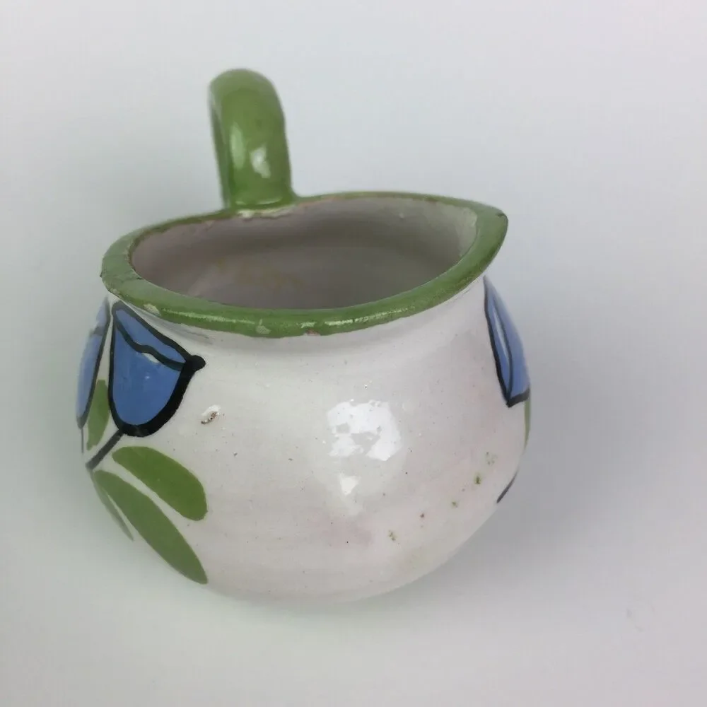 Vtg Italy Handpainted Blue Tulip Flower Stoneware Creamer Sugar Bowl Tray Set